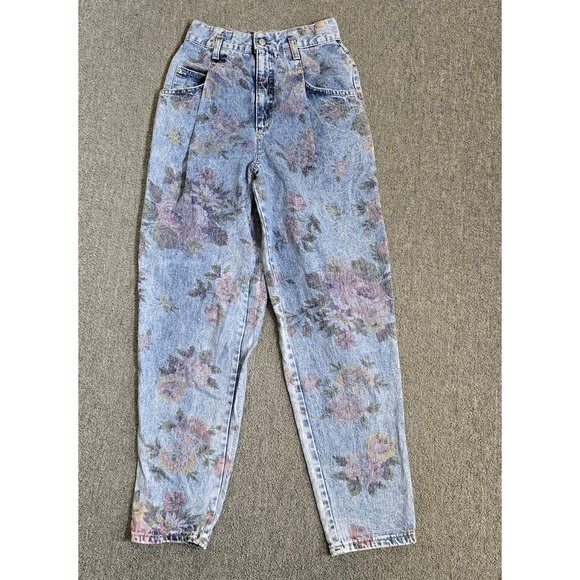 VTG French Navy Acid Wash High Waisted Mom Jeans Pink Rose Flower Print size 10 - Picture 1 of 9